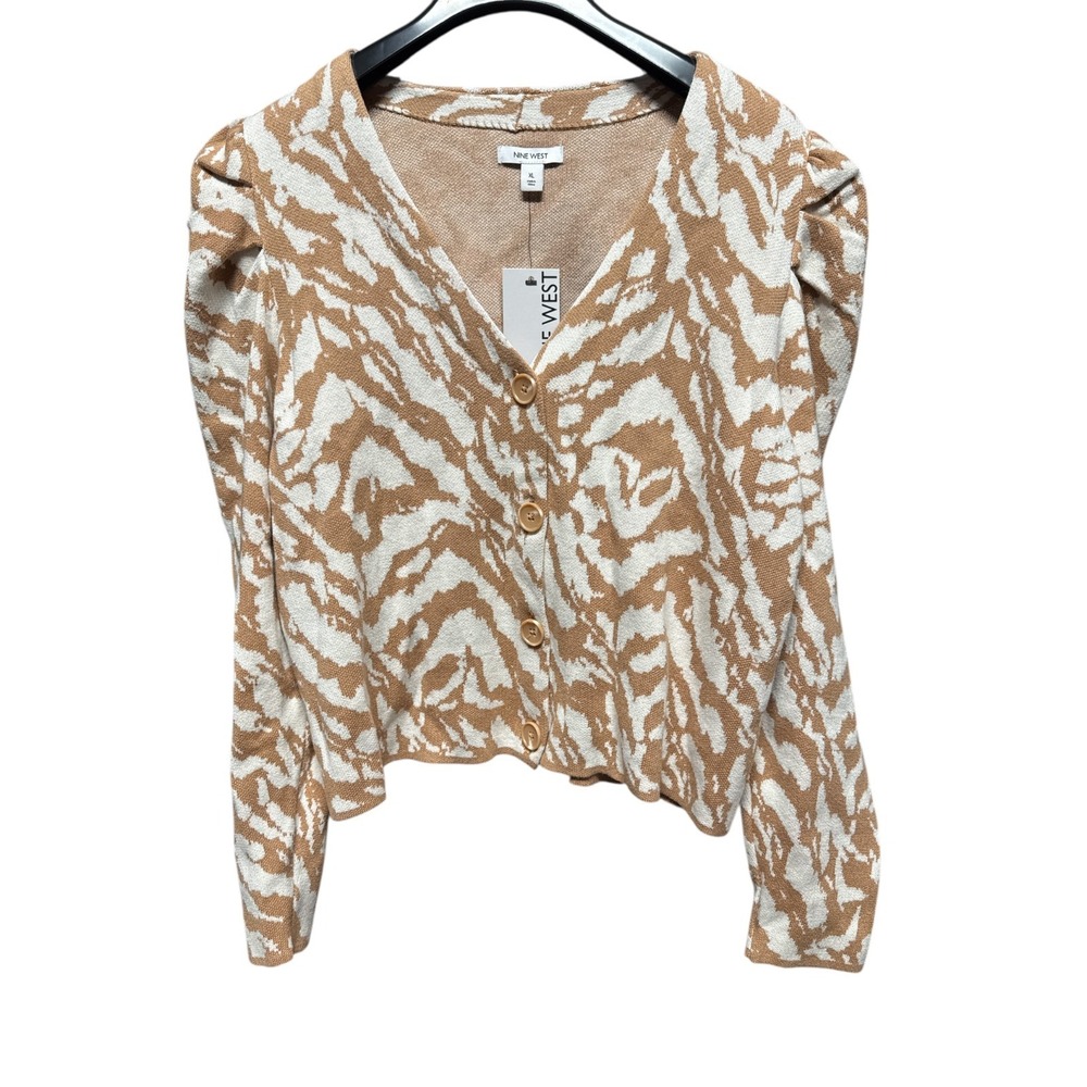 Nine West Womens Animal Print Puff Sleeve Cardigan Brown And White Size XL NWT